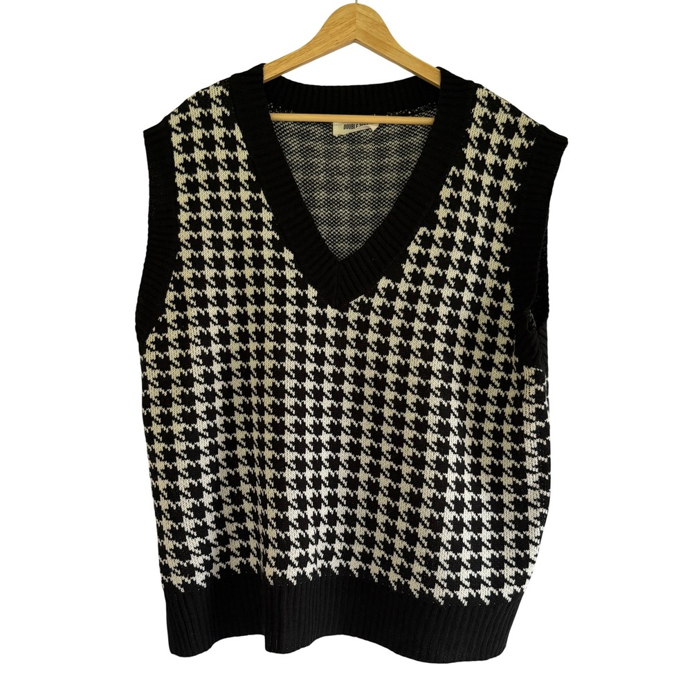Double Zero Houndstooth V-Neck Sweater Vest Black White Large DZ22A242-WEB